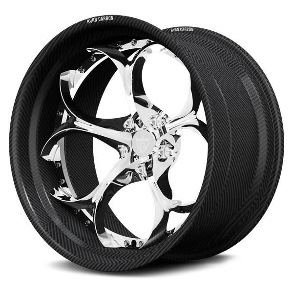 Corvette C8 Z06 custom wheels, RVRN RV-DS016 full polished face with genuine carbon fiber barrel fluid twisting split 5-spoke 2-piece angled view.