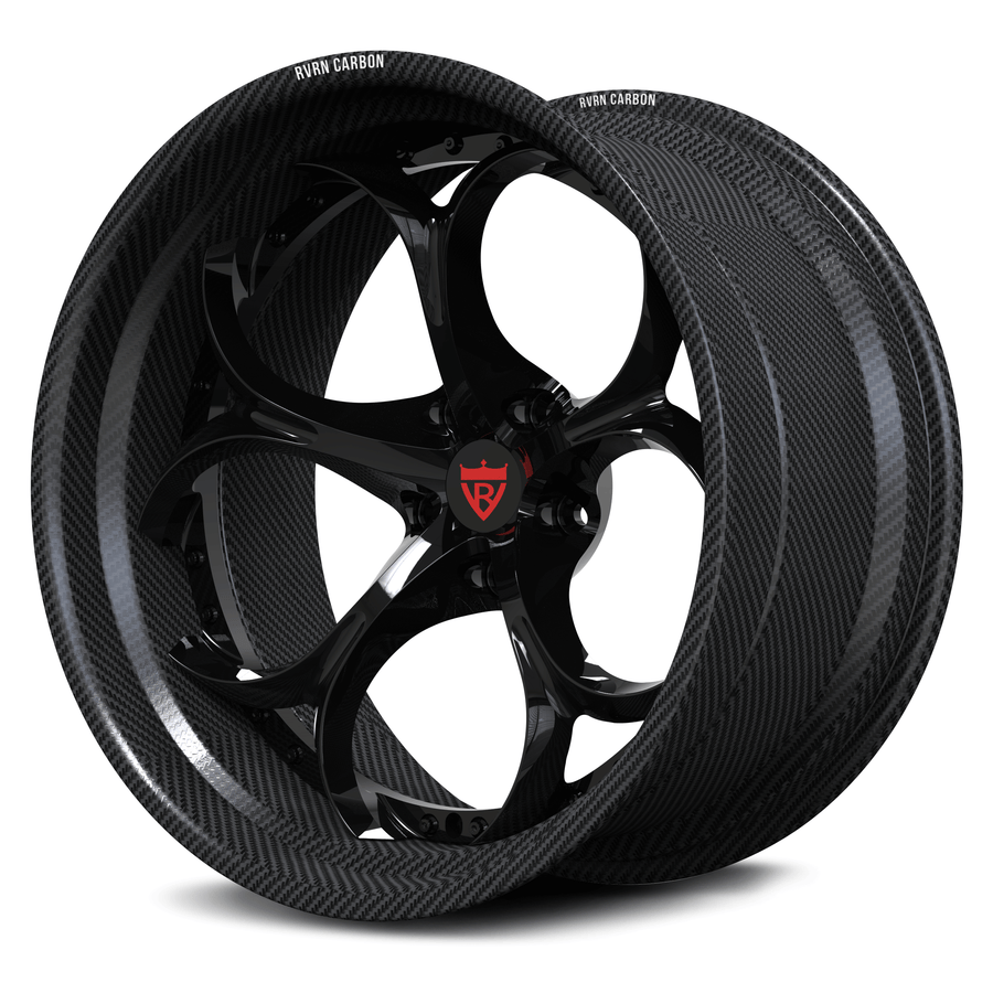 Porsche 911 GT3 RS custom wheels, RVRN RV-DS016 gloss black face with genuine carbon fiber barrel organic 5-spoke angled view.