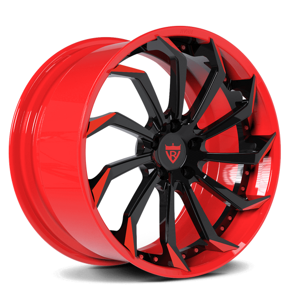 Custom forged 2-piece RV-DC01 wheel for Corvette C1-C8 with aggressive style in red and black, 19-inch staggered fitment, free shipping.