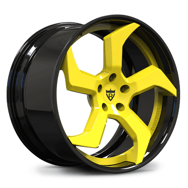 Corvette C8 Custom Forged 5-Spoke Wheels - RV-DC25 Series in Accelerate Yellow and Black-Custom 2-Piece 20x9, 21x11 size.