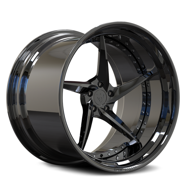 RVRN RV-DC35 black chrome 2-piece forged wheel for C8 Corvette builds, three-quarter view