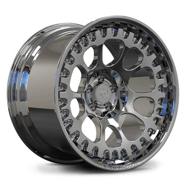 Custom forged deep dish wheels for Ford Mustang GT, featuring a sleek chrome finish for an aggressive look.