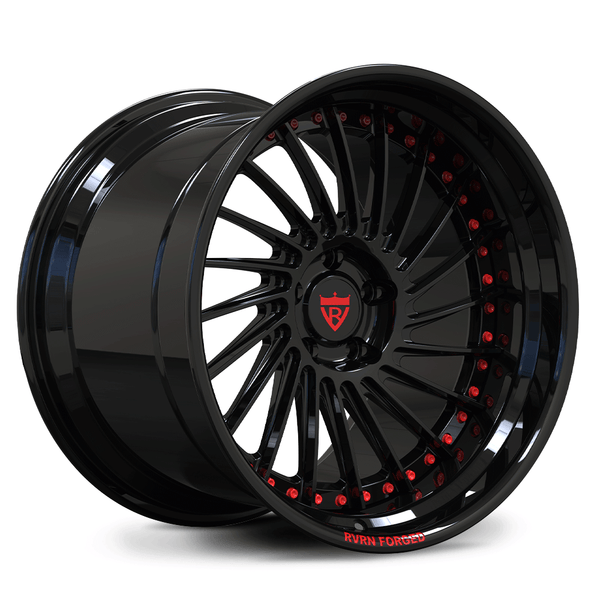 Custom forged deep dish directional rims with step lip, black finish, and red accents for a sporty look.