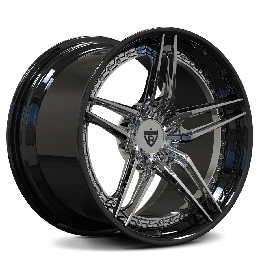 RVRN RV-DP03 Porsche 911 forged step lip wheels with gloss black and chrome finish, custom 2-piece performance wheel design