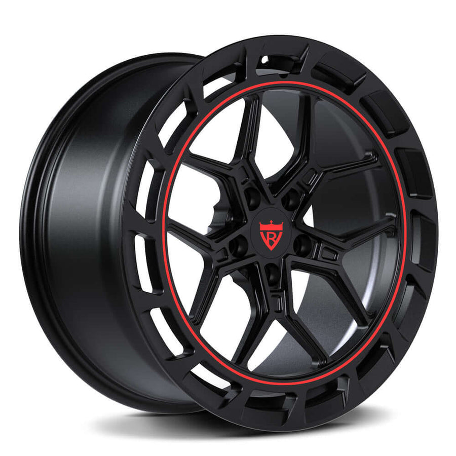 RVRN RV-MD01 Audi forged wheel with directional rim layout and Y spoke design, black and red finish, custom forged wheel for Audi RS6 inspired performance builds