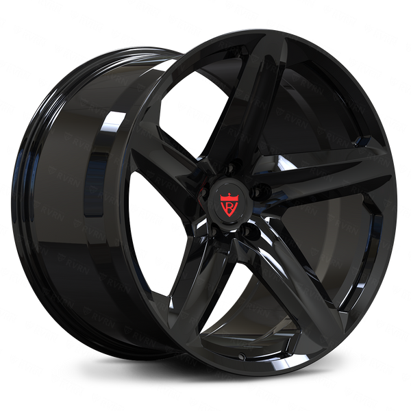 RVRN RV-MT02 custom forged 5 spoke wheel in black finish designed for Corvette C8 applications, lightweight monoblock construction with performance-focused fitment