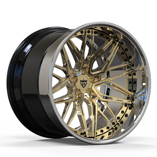 RVRN RV-T081 custom 3-piece forged deep dish wheel in frozen gold finish, premium lightweight performance wheel designed for McLaren applications with custom fitment engineering