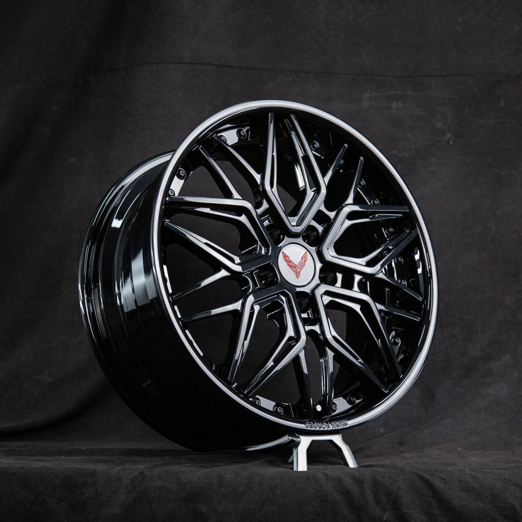 Black C8 Corvette custom wheel with deep dish design, showcasing modern style and performance for Corvette enthusiasts.
