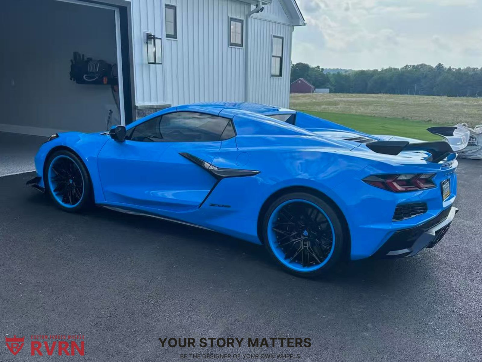 2025 Rapid Blue Corvette C8 Z06 with RVRN forged wheels showcasing deep concave design and custom performance styling.
