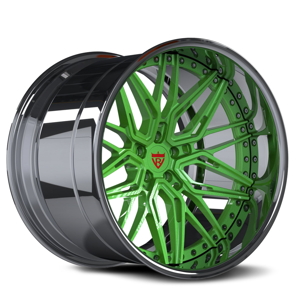 Custom forged 2-piece green Jeep Wrangler wheel design for a unique off-road look.