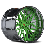 Custom forged 2-piece green Jeep Wrangler wheel design for a unique off-road look.