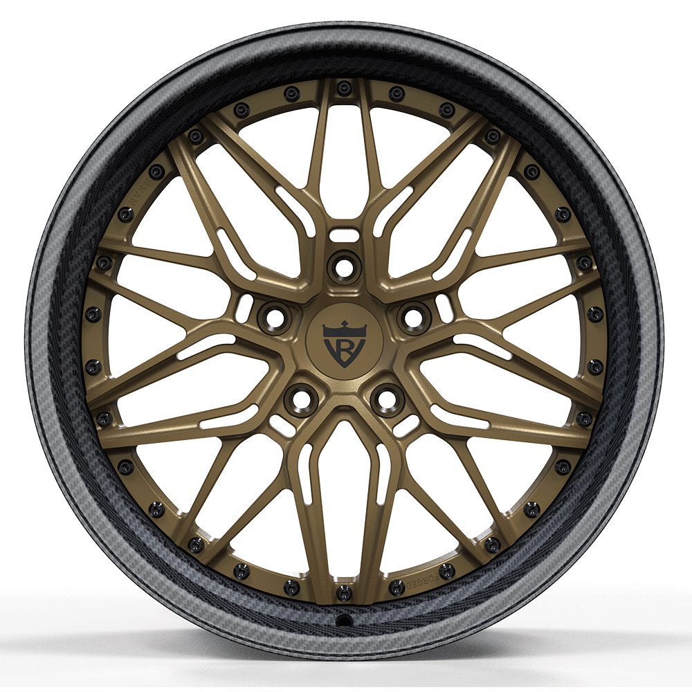 Custom forged 2-piece deep dish wheels for Porsche 718 Cayman, featuring a unique design and bronze finish.