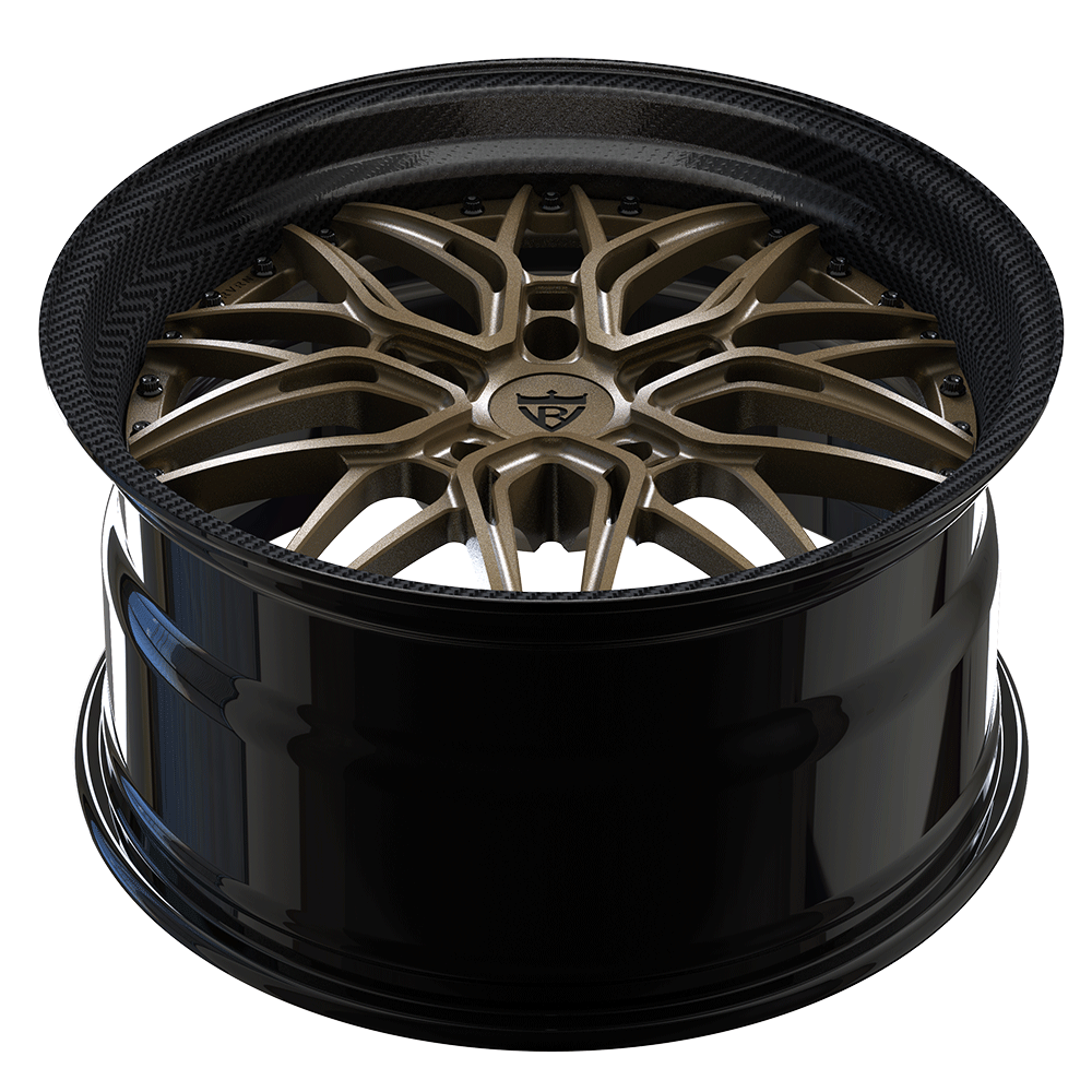Custom forged two-piece deep dish wheel for Porsche 718 Cayman, featuring a bronze finish with a sleek black barrel.