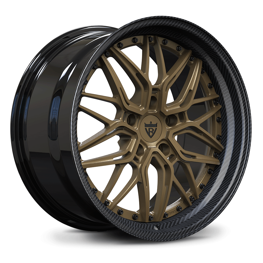 Custom forged two-piece deep dish wheels for Porsche 718 Cayman in bronze and carbon finish.
