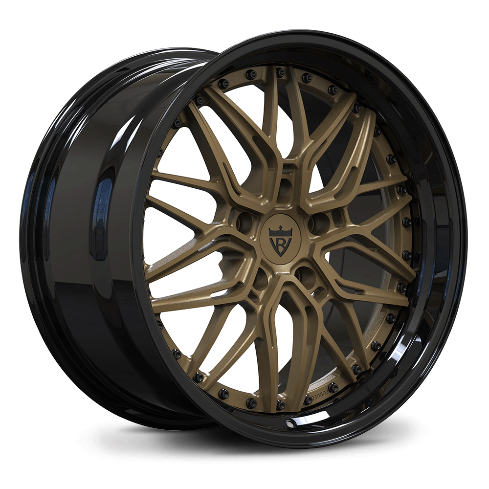 Custom forged 2-piece deep dish wheels for Porsche 718 Cayman in bronze and black finish.