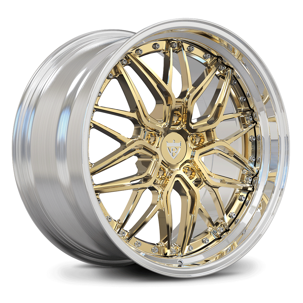 Custom forged two-piece deep dish wheel for Porsche 718 Cayman, featuring a bold gold finish and stepped lip design.