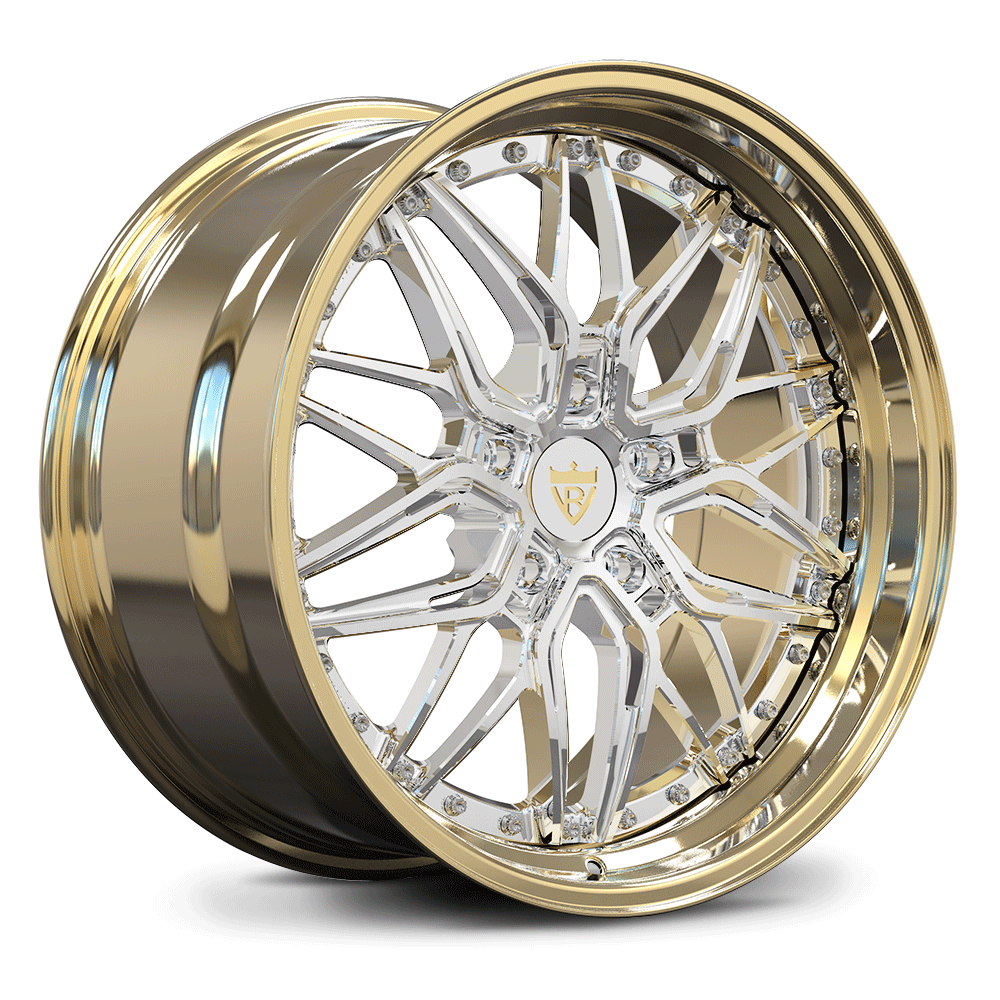 Custom forged deep dish two-piece wheels for Porsche 718 Cayman with a gold finish and unique spoke design.