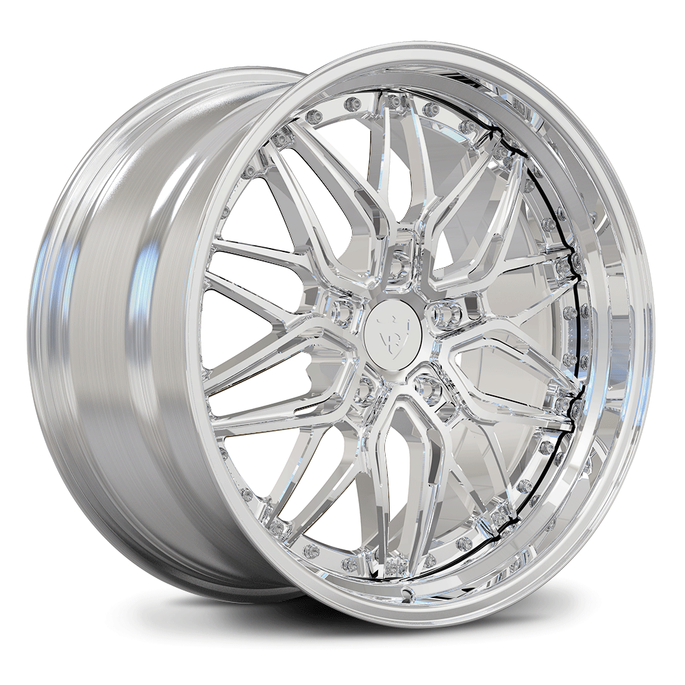 Custom forged 2-piece deep dish wheels for Porsche 718 Cayman, showcasing a striking chrome finish and innovative stepped-lip design.