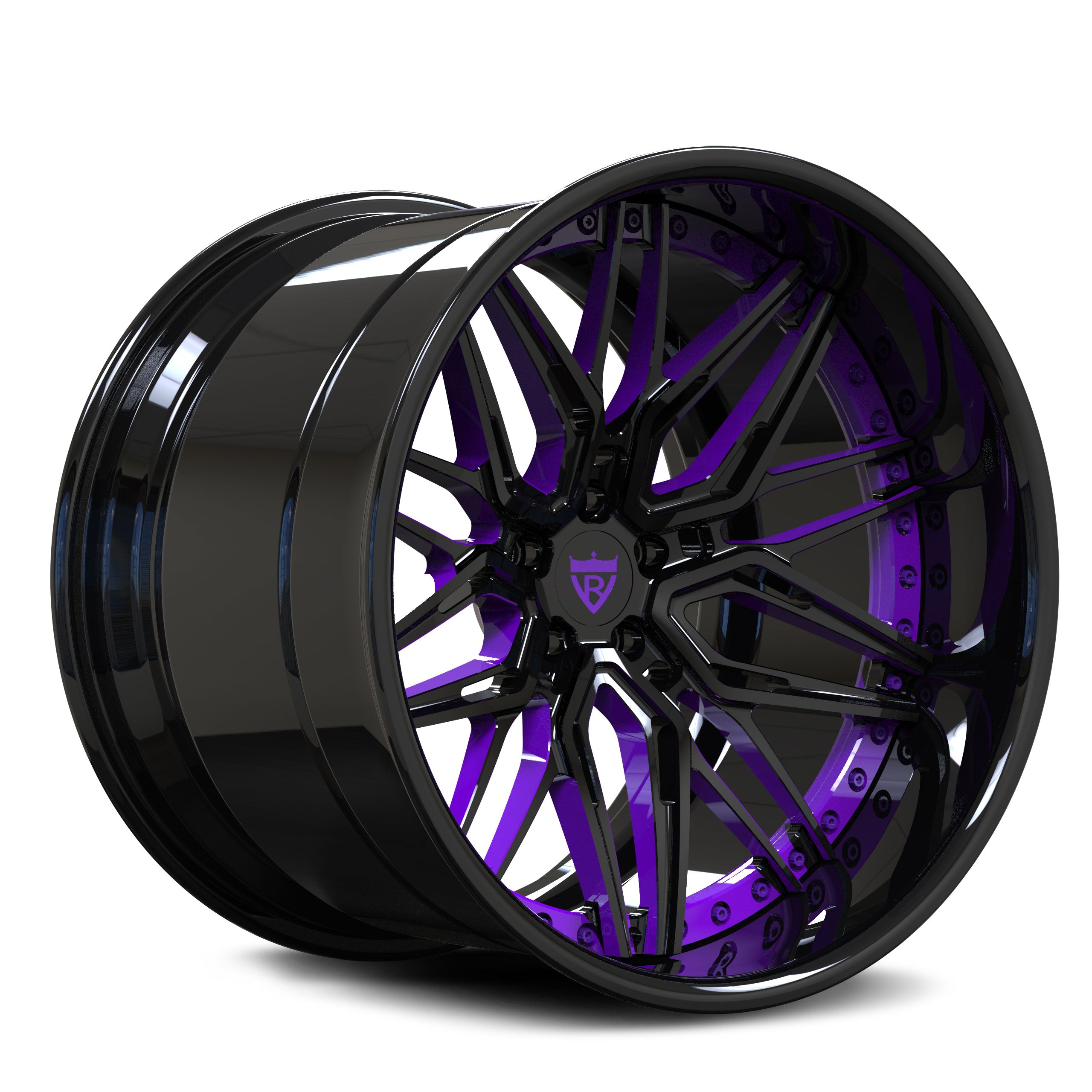 Custom forged purple and black deep dish wheel, ideal for Dodge Charger, Challenger, and Durango.