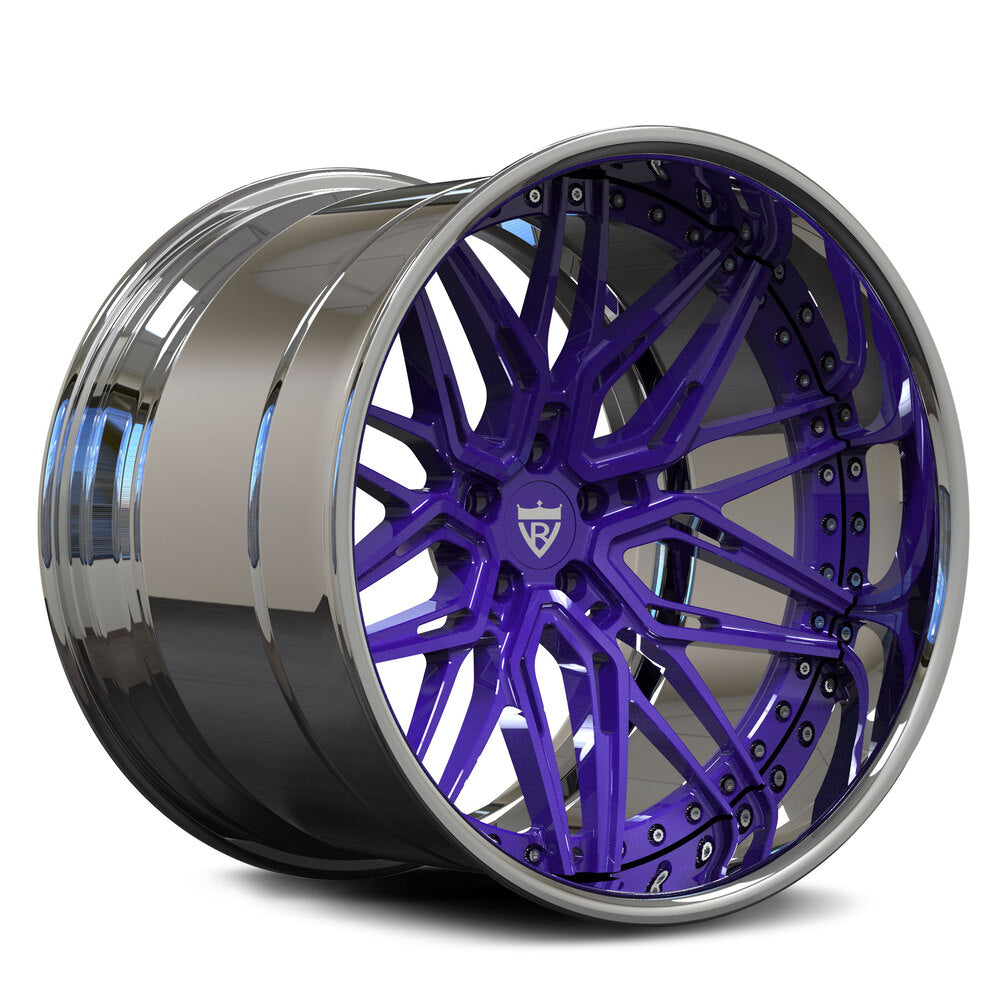 Custom forged purple and black deep dish wheel, ideal for Dodge Charger, Challenger, and Durango.