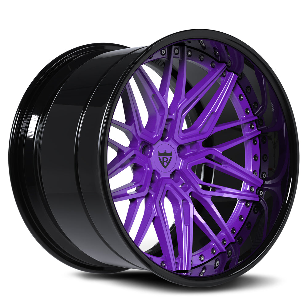 Custom forged deep dish purple and black wheels, RV-T081, designed for aggressive muscle cars.