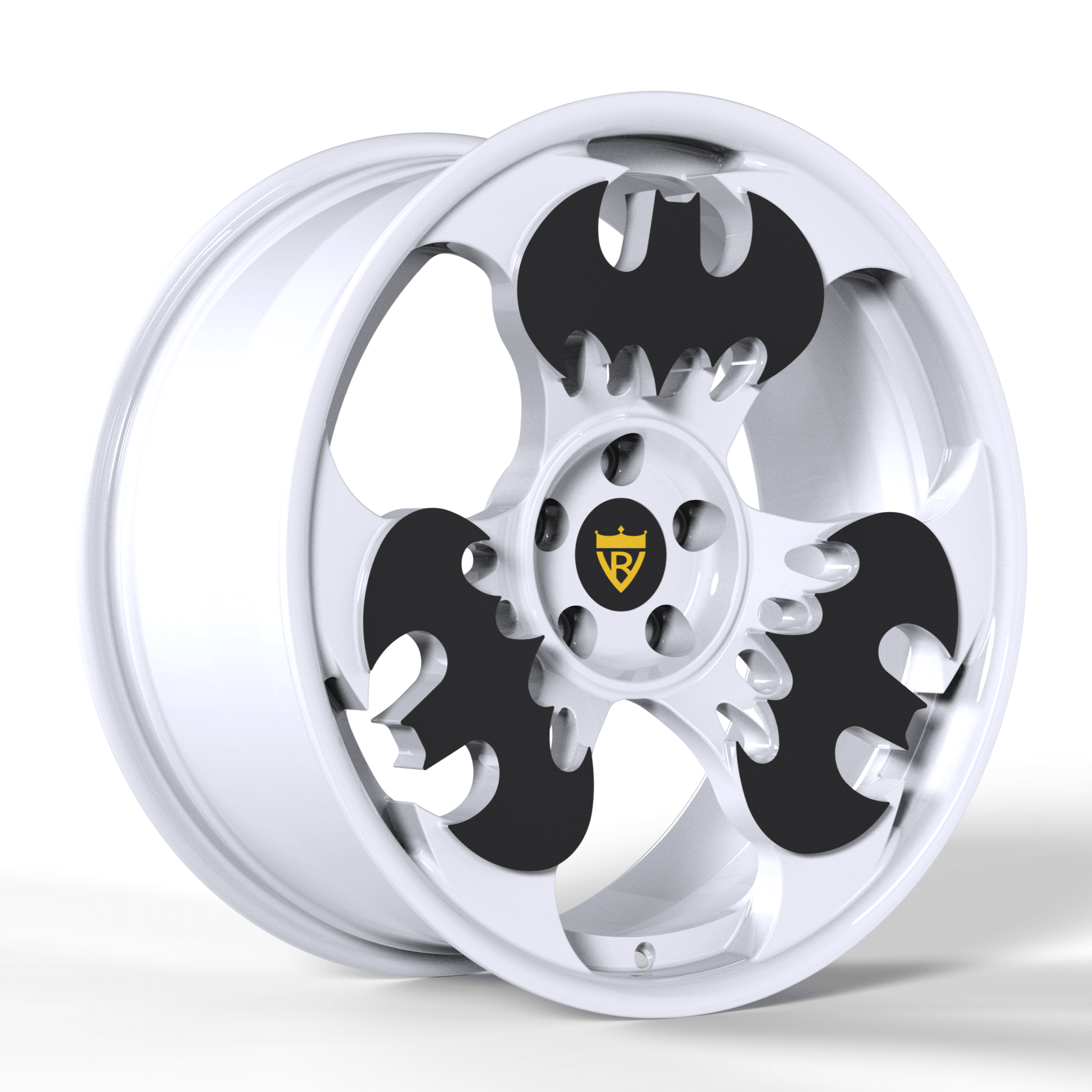 Close-up of white and black Batman wheels designed for high-performance cars: RV-MBT - RVRN WHEELS