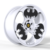 Close-up of white and black Batman wheels designed for high-performance cars: RV-MBT - RVRN WHEELS