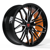 Custom black and orange forged wheel RV-MQ72 for Mercedes-Benz, Cadillac, and more; ideal for orange truck wheels and rims.