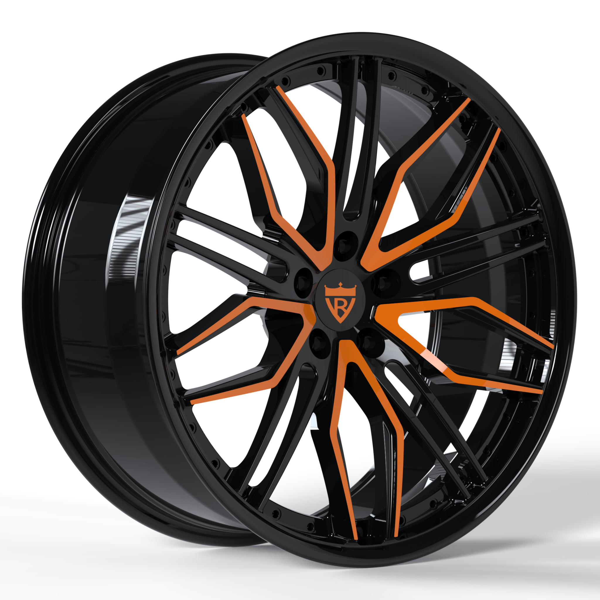 Black and orange custom forged monoblock wheel from RV-MQ72 series for various car models including Mercedes, BMW, and Tesla.