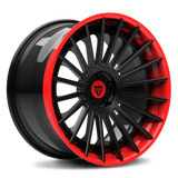 Custom BMW RV-TR66 3-piece forged wheels, black with red accents, high-strength aerospace-grade aluminum.