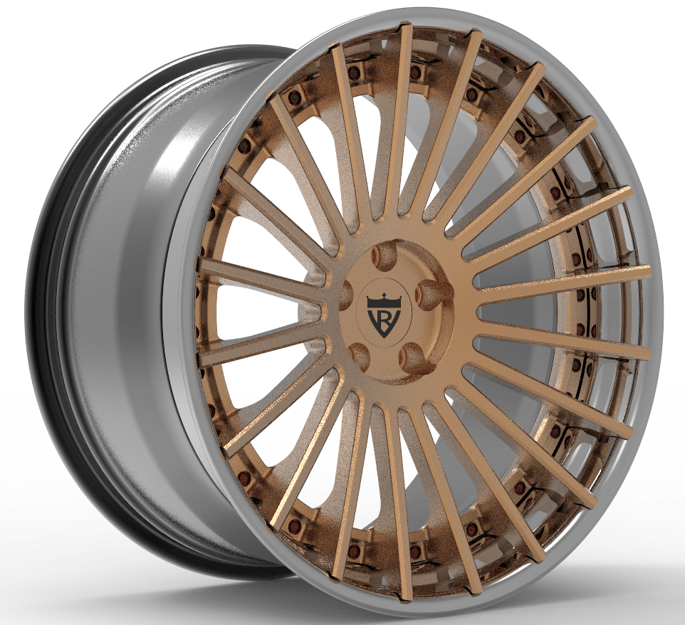 Custom forged 3-piece BMW RV-TR66 wheels in bronze and silver finish, showcasing intricate spoke design.