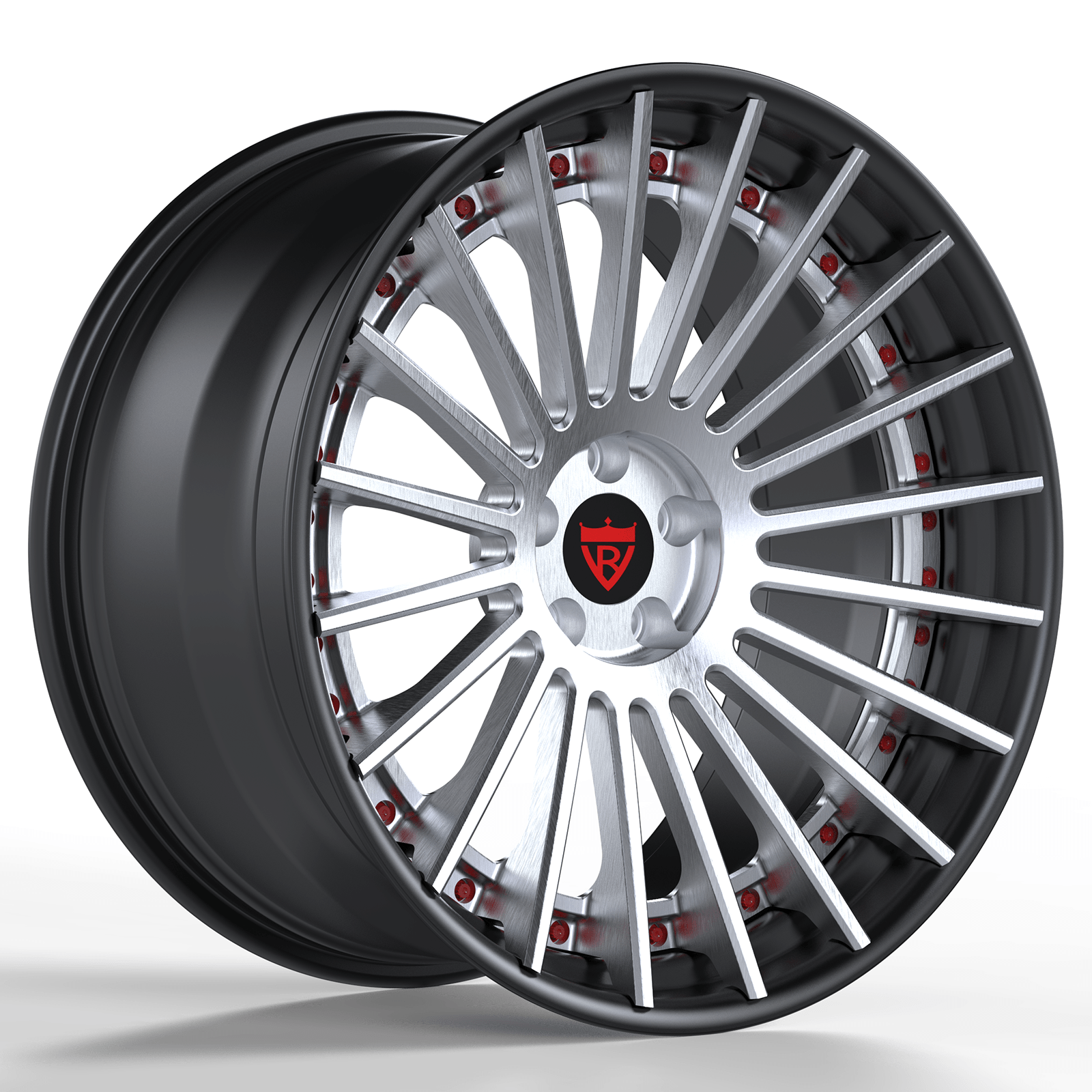 Custom forged BMW RV-TR66 3-piece wheels showcasing sleek design and red accents for a striking look.