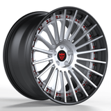 Custom forged BMW RV-TR66 3-piece wheels showcasing sleek design and red accents for a striking look.