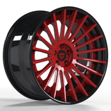 BMW custom 3-piece forged wheels in red and black, showcasing RVRN RV-TR66 design for luxury vehicles.
