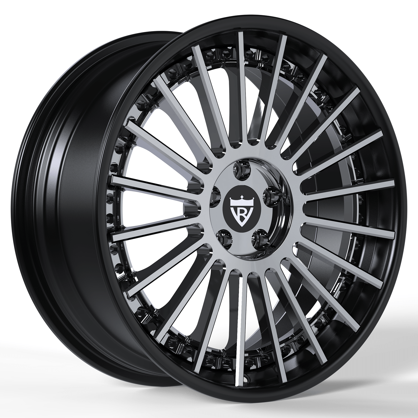 Custom BMW RV-TR66 3-piece forged wheels in black with silver accents, lightweight and strong design for enhanced performance.