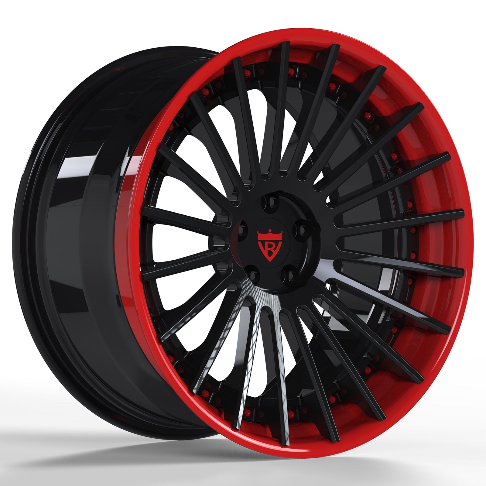 Custom forged 3-piece BMW wheels in black and red, RVRN RV-TR66 design for high performance and style.