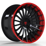 Custom forged 3-piece BMW wheels in black and red, RVRN RV-TR66 design for high performance and style.