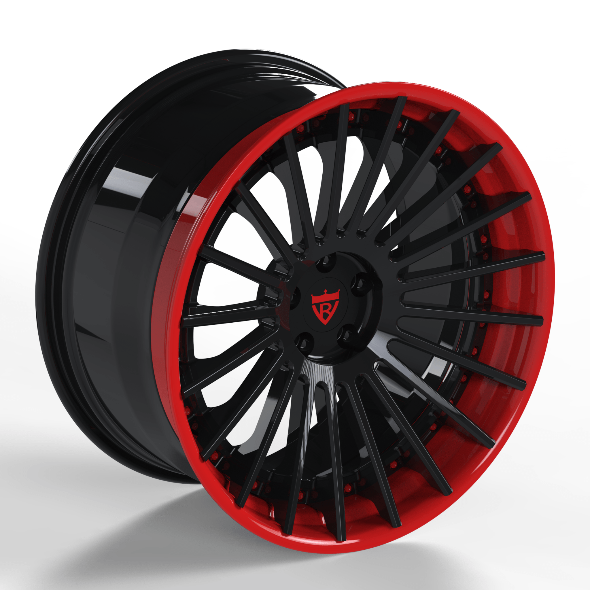 Custom 3-piece forged BMW wheels RV-TR66 in red and black finish, ideal for stylish BMW upgrades.