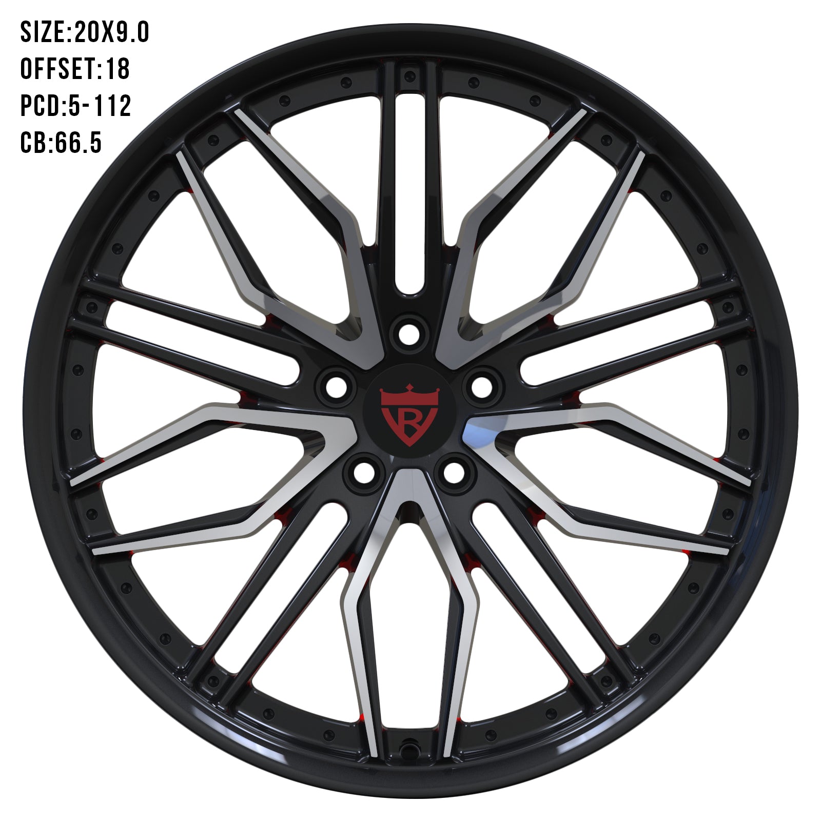 Black and orange custom forged wheel for various car models, size 20x9.0, offset 18, PCD 5-112, CB 66.5.