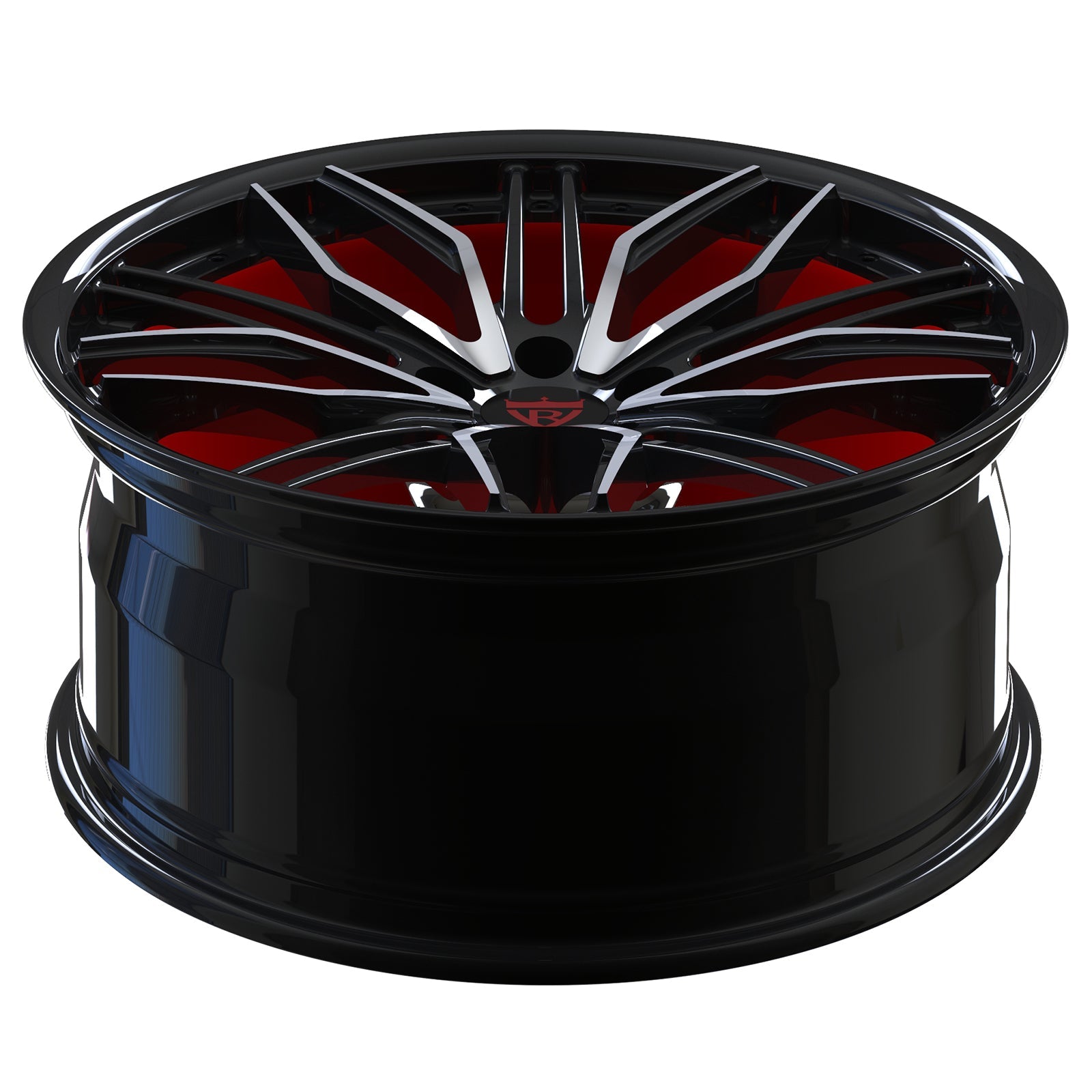 Custom black and orange RVRN forged monoblock wheel for various car models, featuring a sleek design and premium finish.