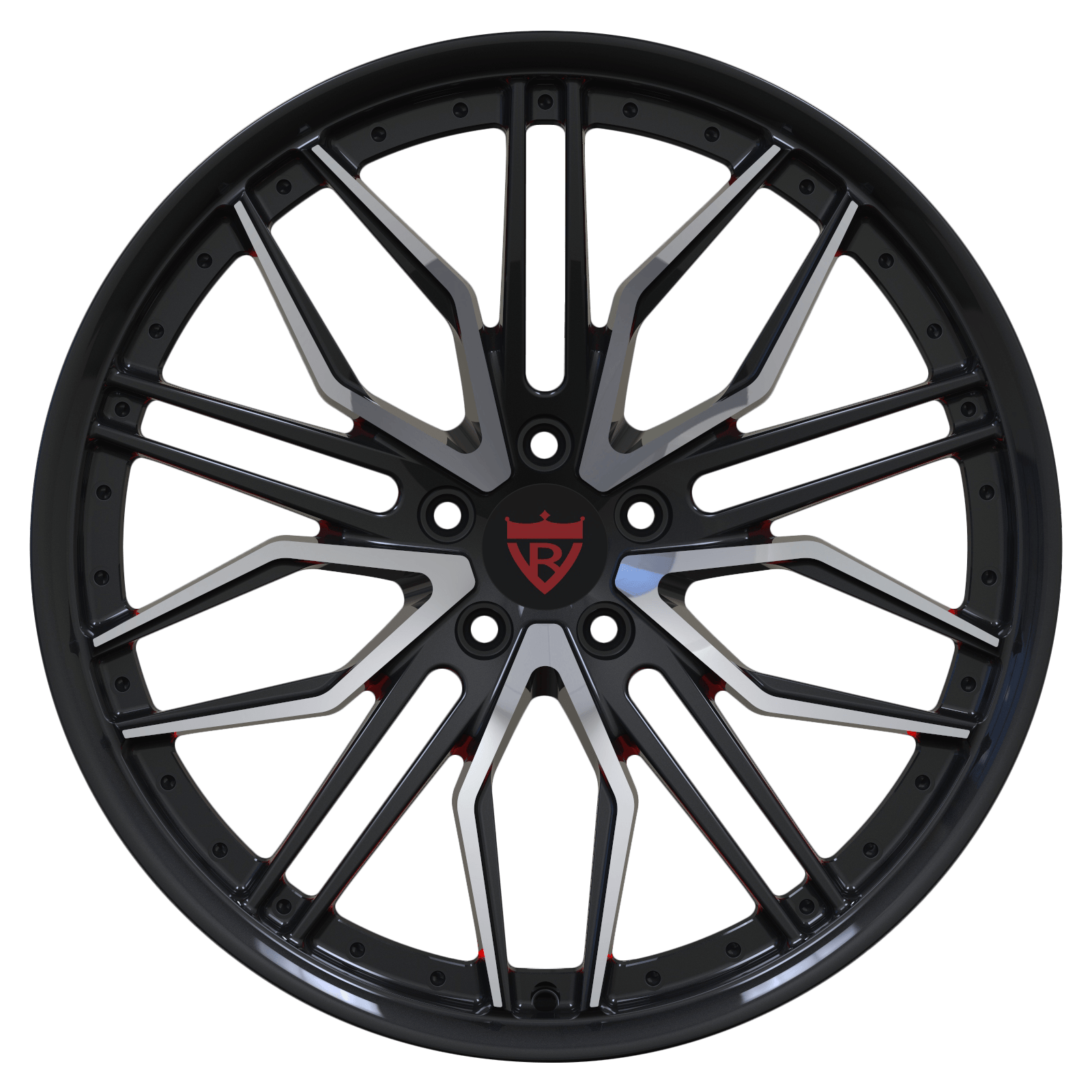Custom black and orange forged wheel for various car brands, featuring distinctive design and high-quality finish.