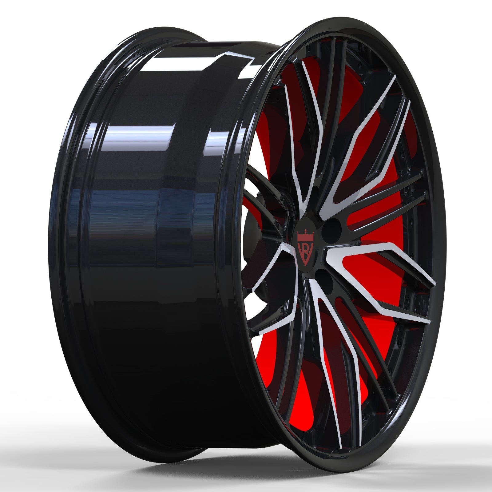 Custom black and orange RV-MQ72 forged monoblock wheel for luxury cars like Mercedes, BMW, and Ford Mustang.