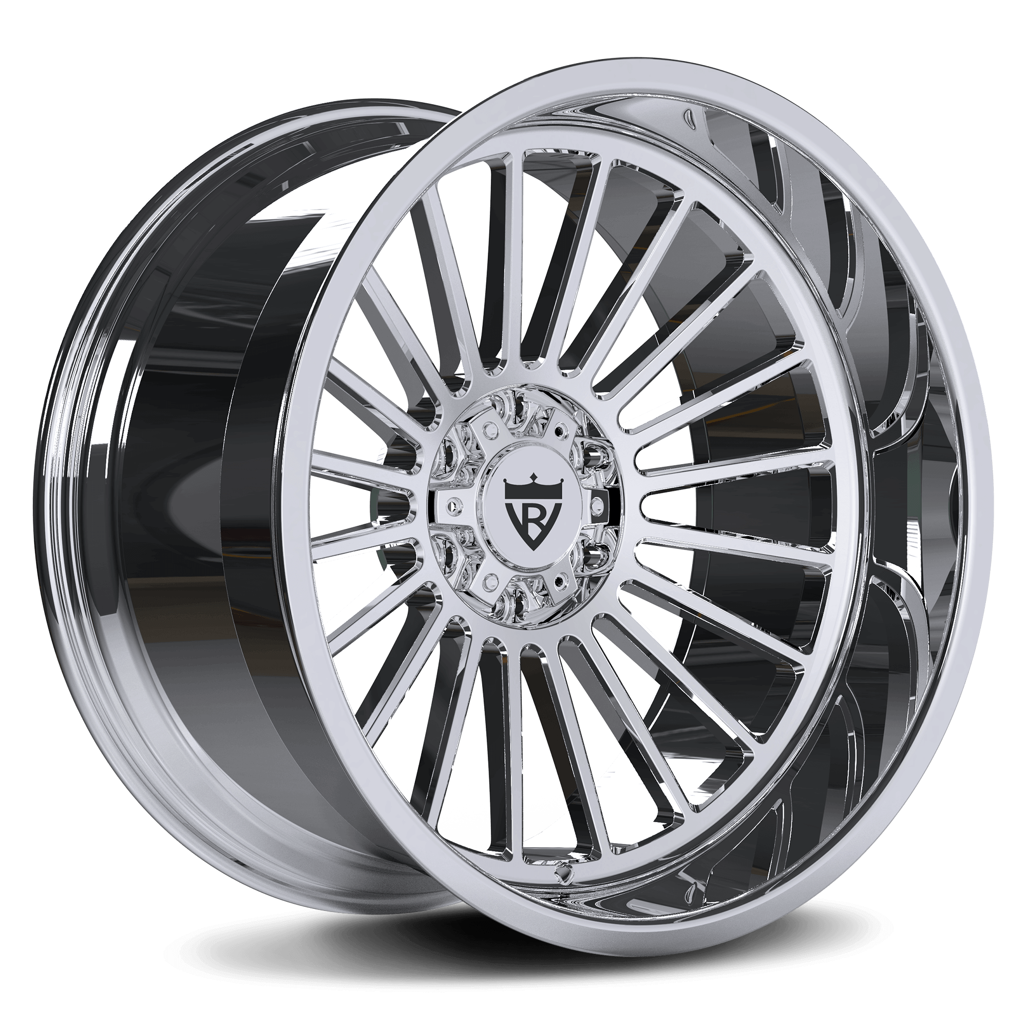 Custom 1-piece H-type forged wheels in chrome finish, showcasing deep dish design and intricate spoke pattern.
