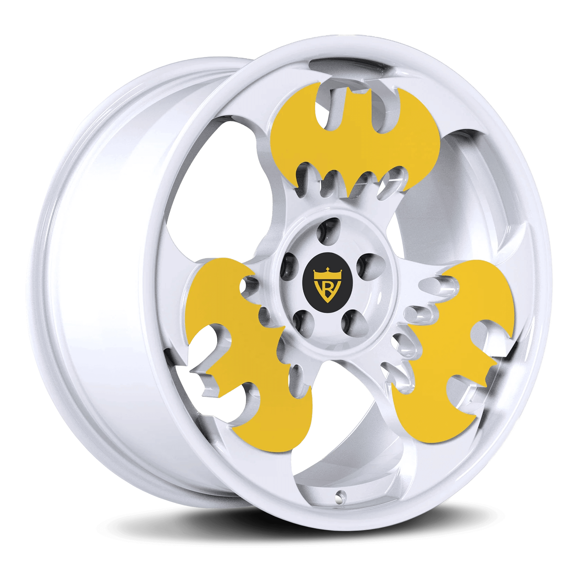 Custom forged Batman rims for cars in white and yellow finish: RV-MBT - RVRN WHEELS- Unique rims