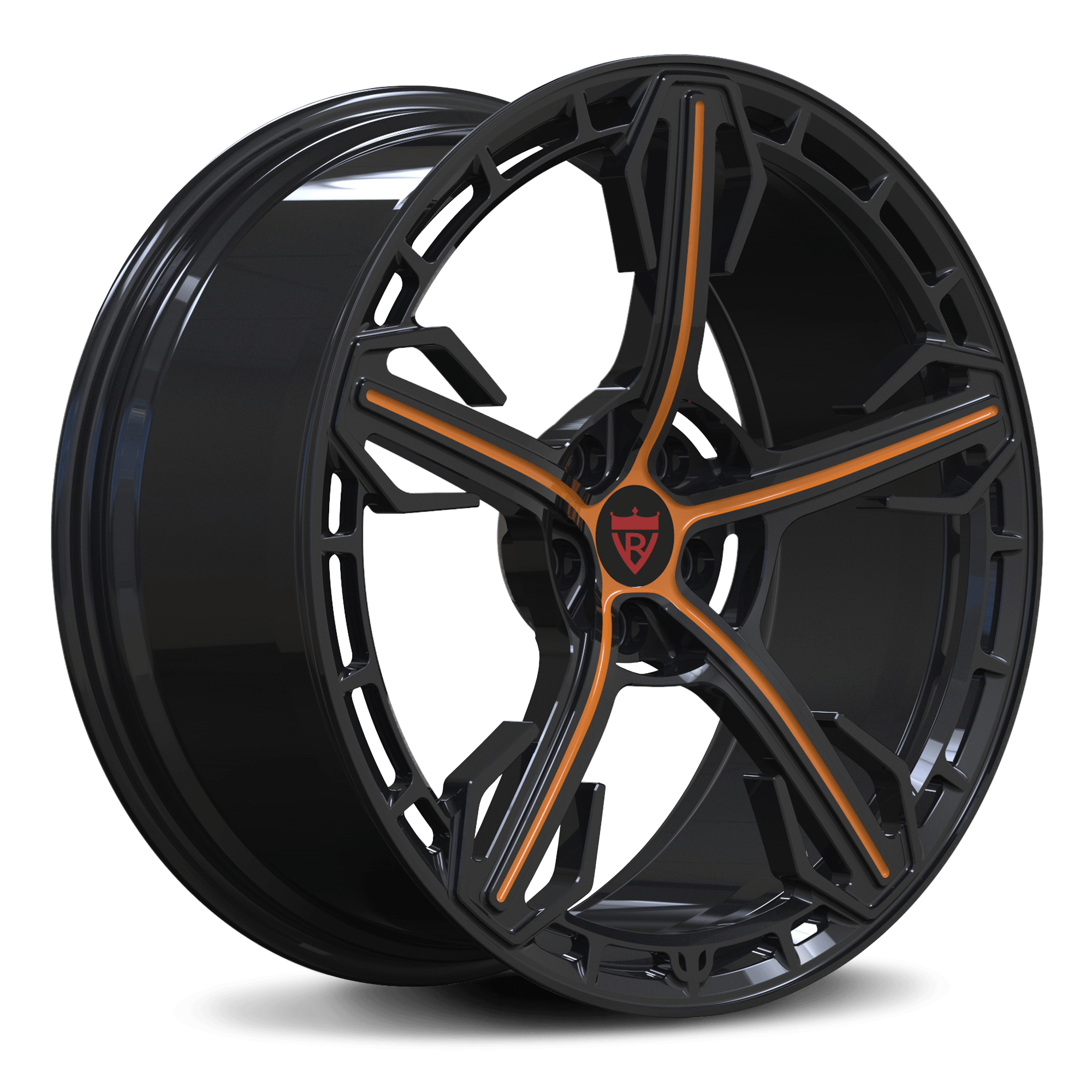 CUSTOM 1 PIECE FORGED BLACK AND ORANGE WHEELS SERIES: RV-MA62 - RVRN WHEELS