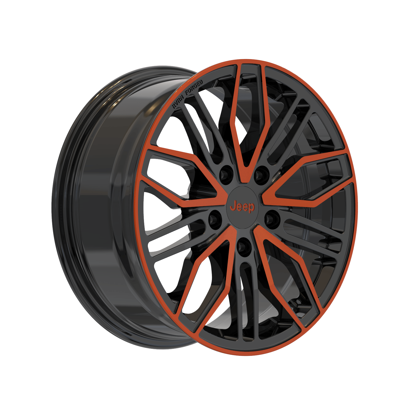 Custom black and orange forged monoblock wheel for Jeep, RV-MQ72 series, showcasing unique design for various vehicles.