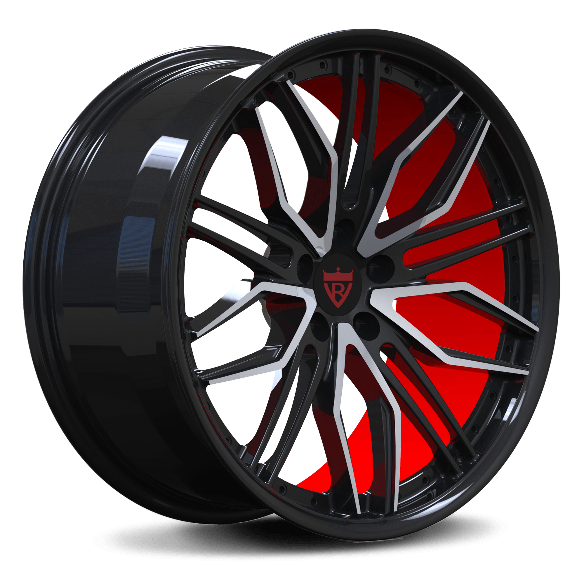 Custom orange and black forged monoblock wheel RV-MQ72 for trucks and cars, compatible with brands like Mercedes and Tesla.