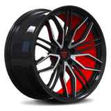 Custom orange and black forged monoblock wheel RV-MQ72 for trucks and cars, compatible with brands like Mercedes and Tesla.