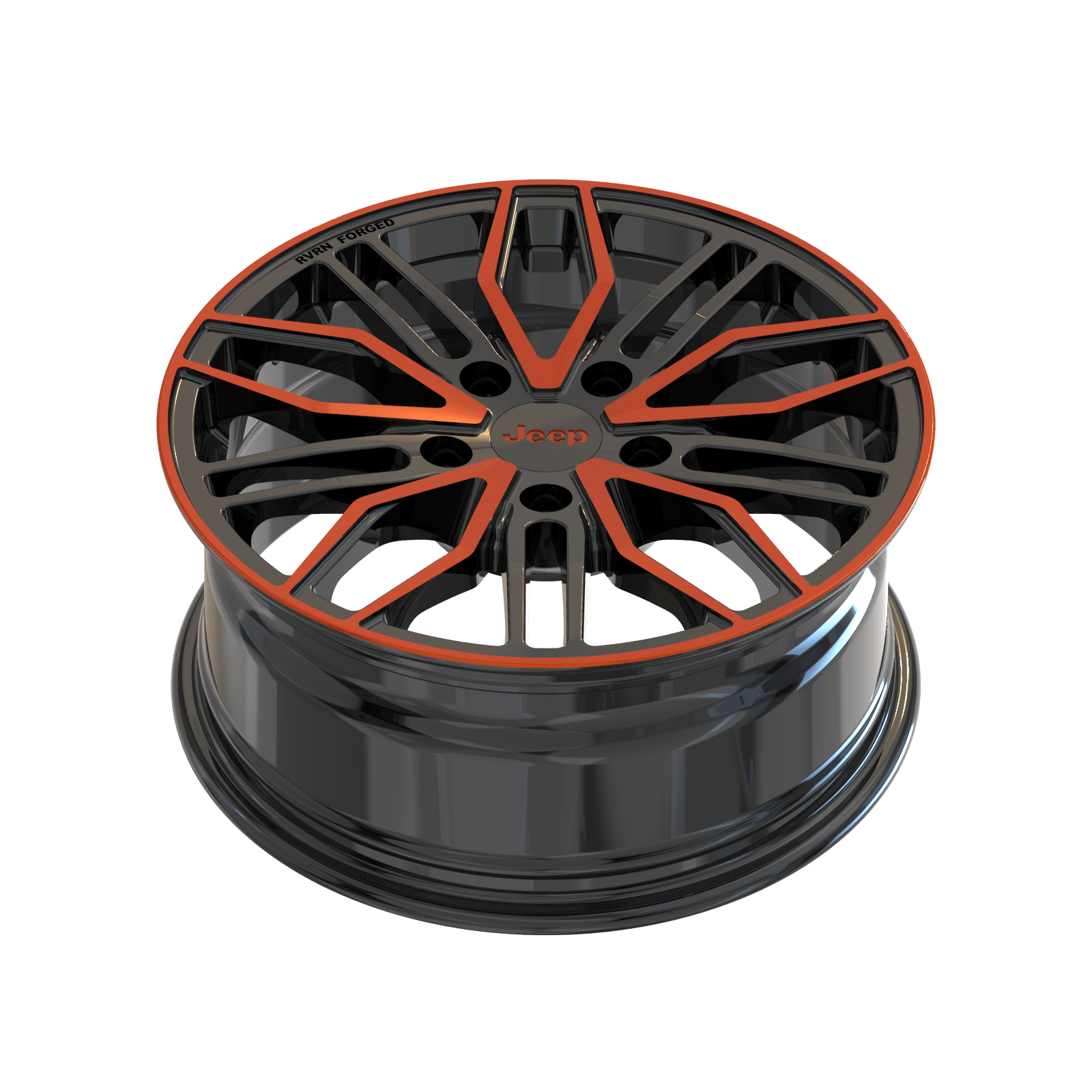 Custom black and orange forged wheel for Jeep, versatile fit for luxury and performance vehicles.