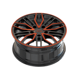 Custom black and orange forged wheel for Jeep, versatile fit for luxury and performance vehicles.